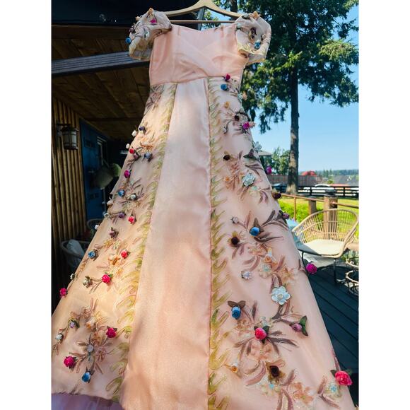 Vintage Handmade Ball Gown Handpainted 3 D Roses Fits size M 8 Full Train Peach - Picture 10 of 16